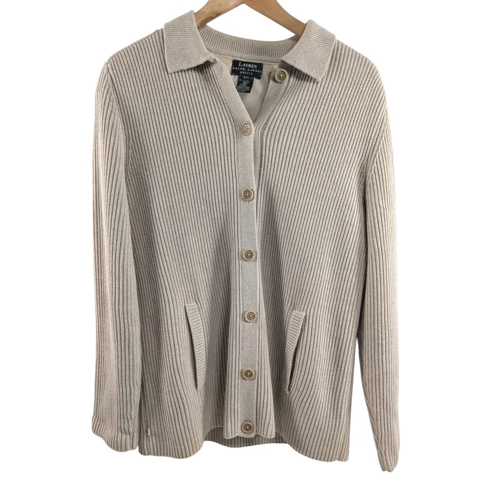 Lauren Ralph Lauren Womens‎ 100% Cotton Sweater Jacket sz PM Tan Lined Old Money